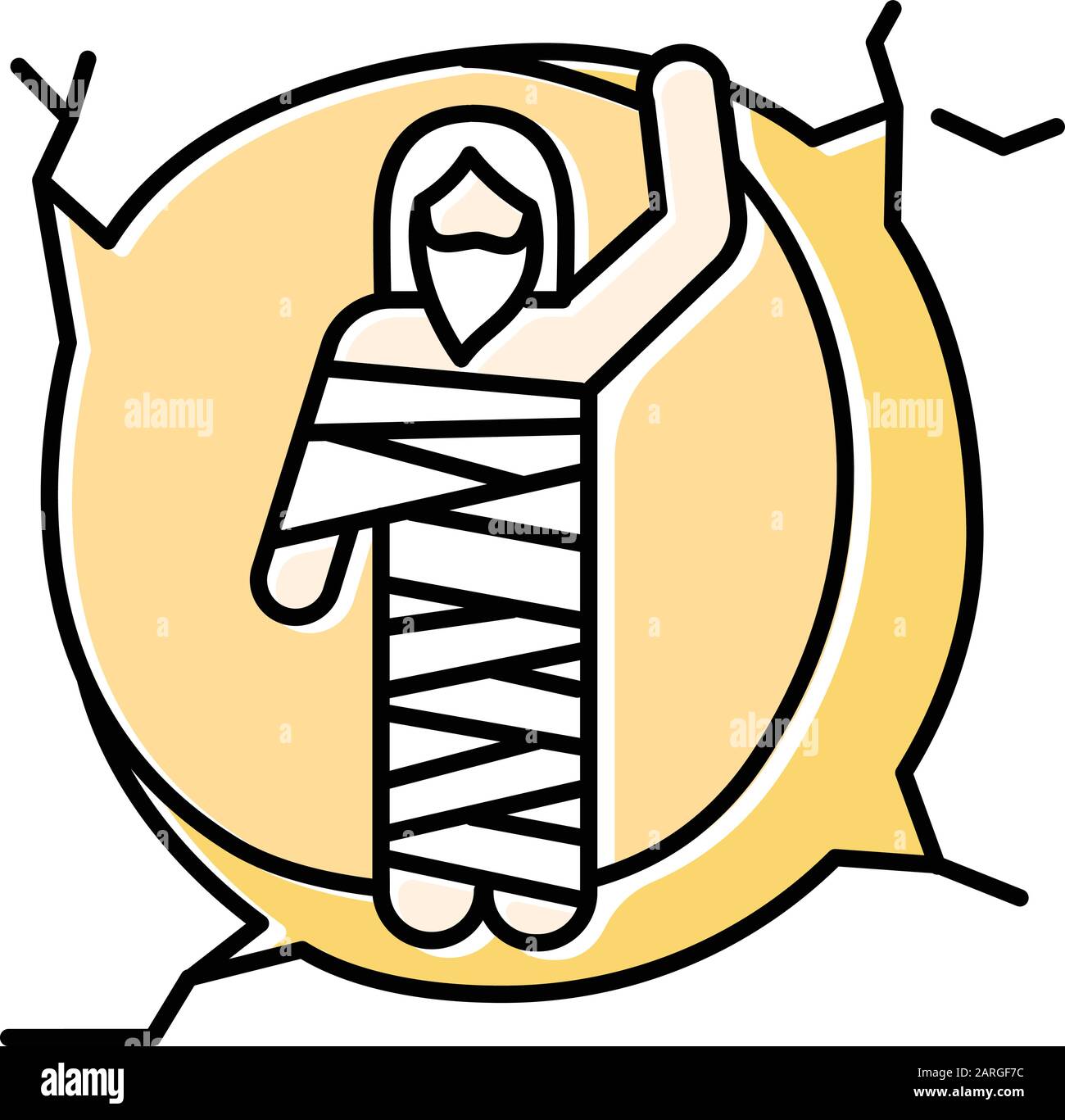 Raising of Lazarus yellow color icon. Christ resurrection from tomb. Man in shroud at entrance to cave. Resurrection day. Easter Sunday. Christian hol Stock Vector