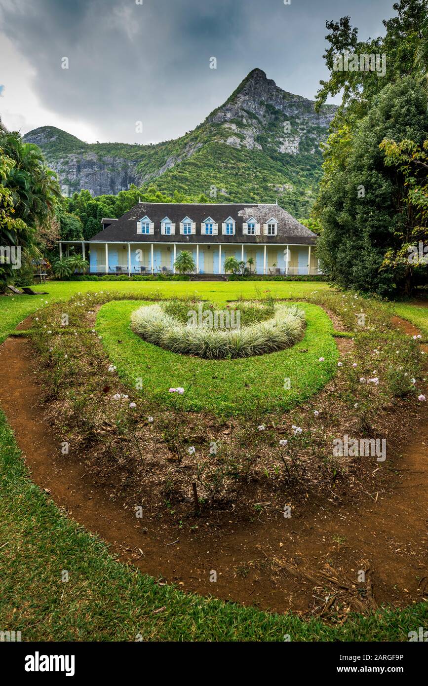 Ornamental gardens of Eureka La Maison Creole colonial house, Montagne Ory, Moka, Mauritius, Indian Ocean, Africa Stock Photo