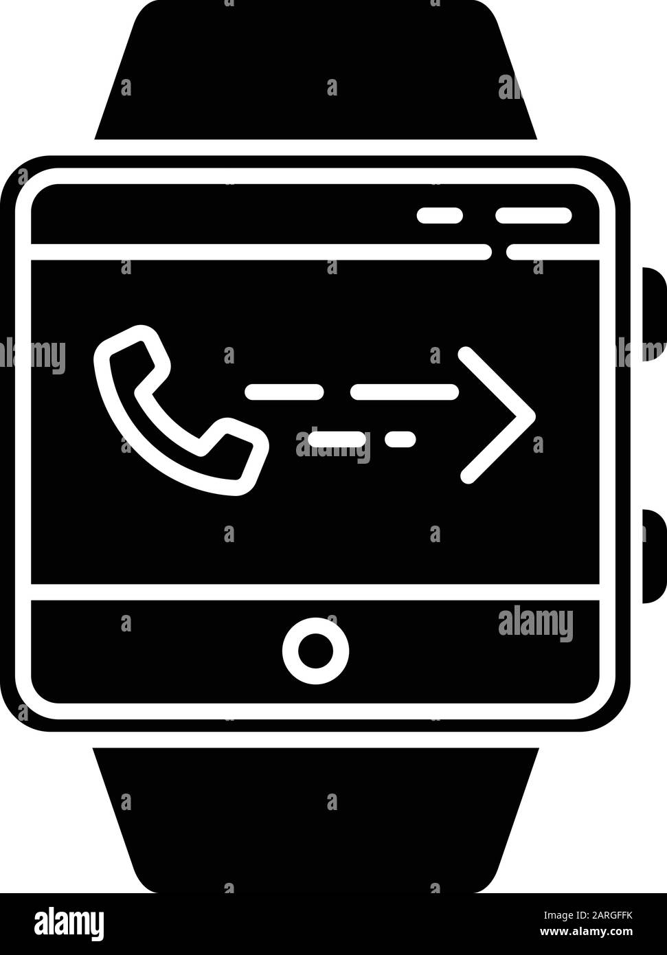 Answering calls smartwatch function glyph icon. Fitness wristband. Receiving income calls. Synchronization with mobile phone. Silhouette symbol. Negat Stock Vector