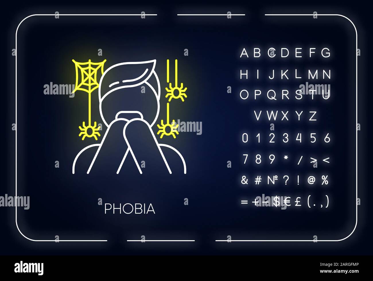 Phobia neon light icon. Fear of spiders. Arachnophobia. Frightened, terrified man. Horror. Panic attack. Mental disorder. Glowing sign with alphabet, Stock Vector