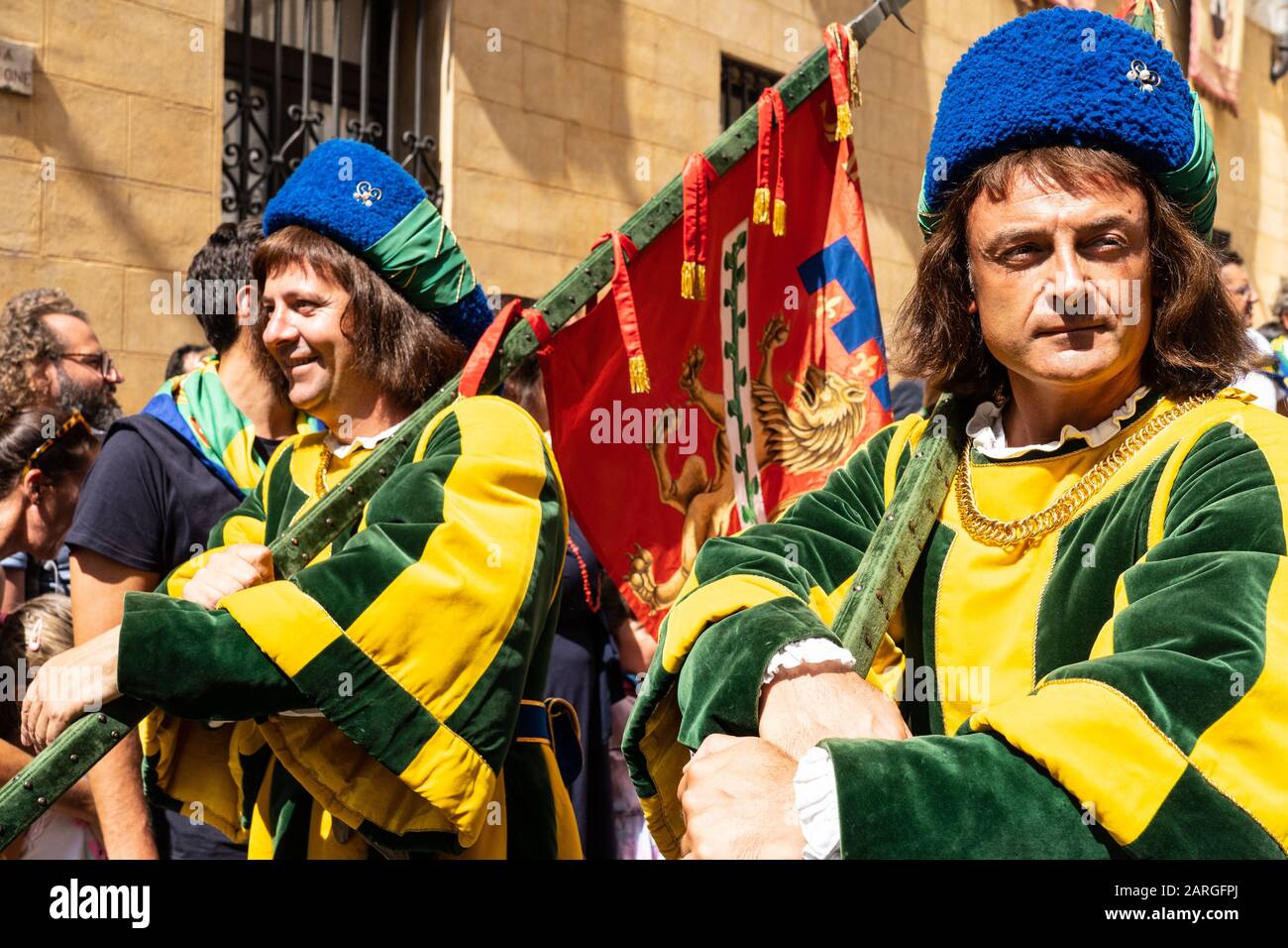 At the pageant that precedes the Palio race, representatives of each neighbourhood parade in traditional costume, Siena, Tuscany, Italy, Europe Stock Photo