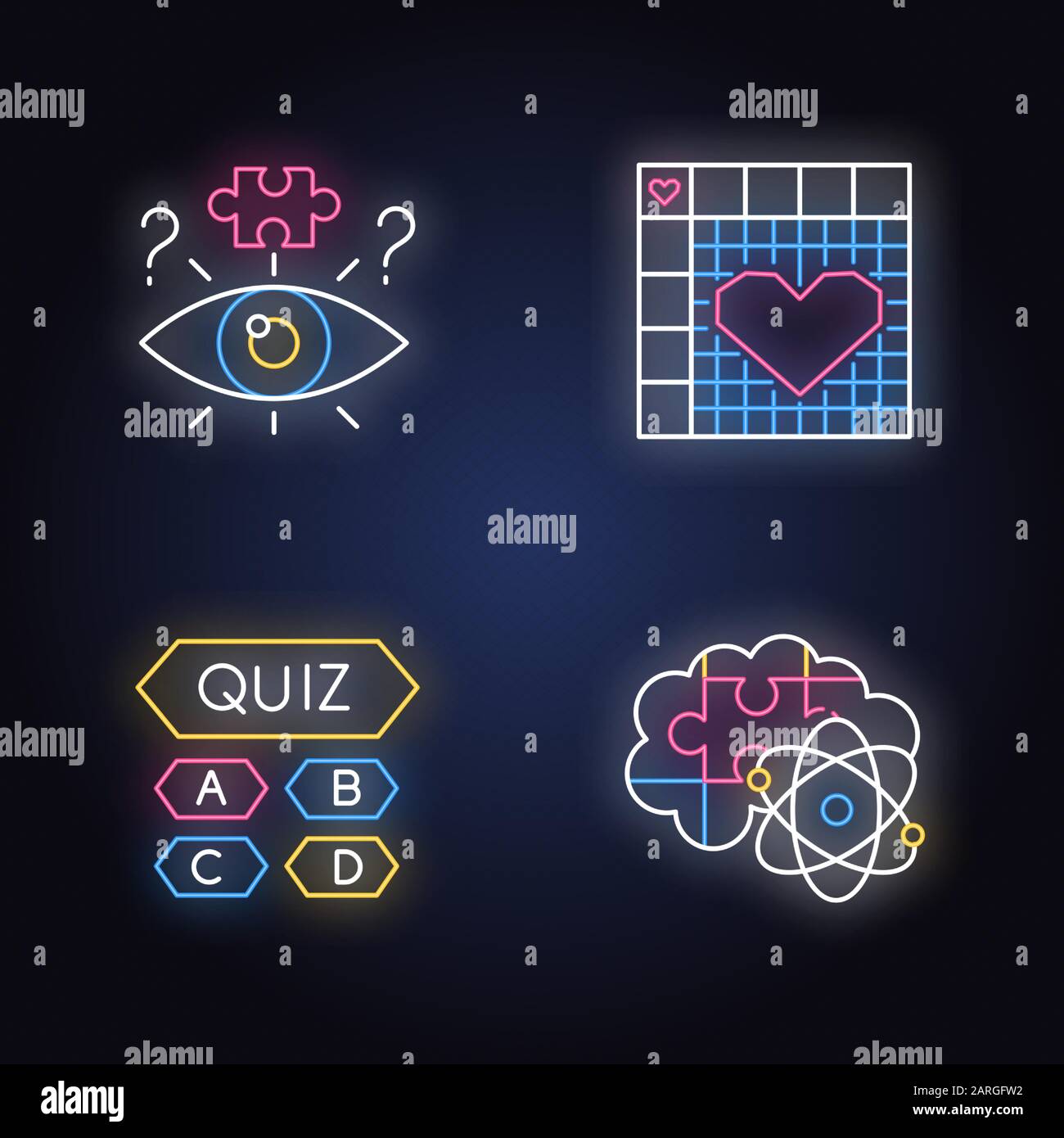 Puzzles and riddles neon light icons set. Trivia quiz. Nonogram. Logic  games. Problem solving process. Mental exercise. Visual brain teasers.  Challeng Stock Vector Image & Art - Alamy