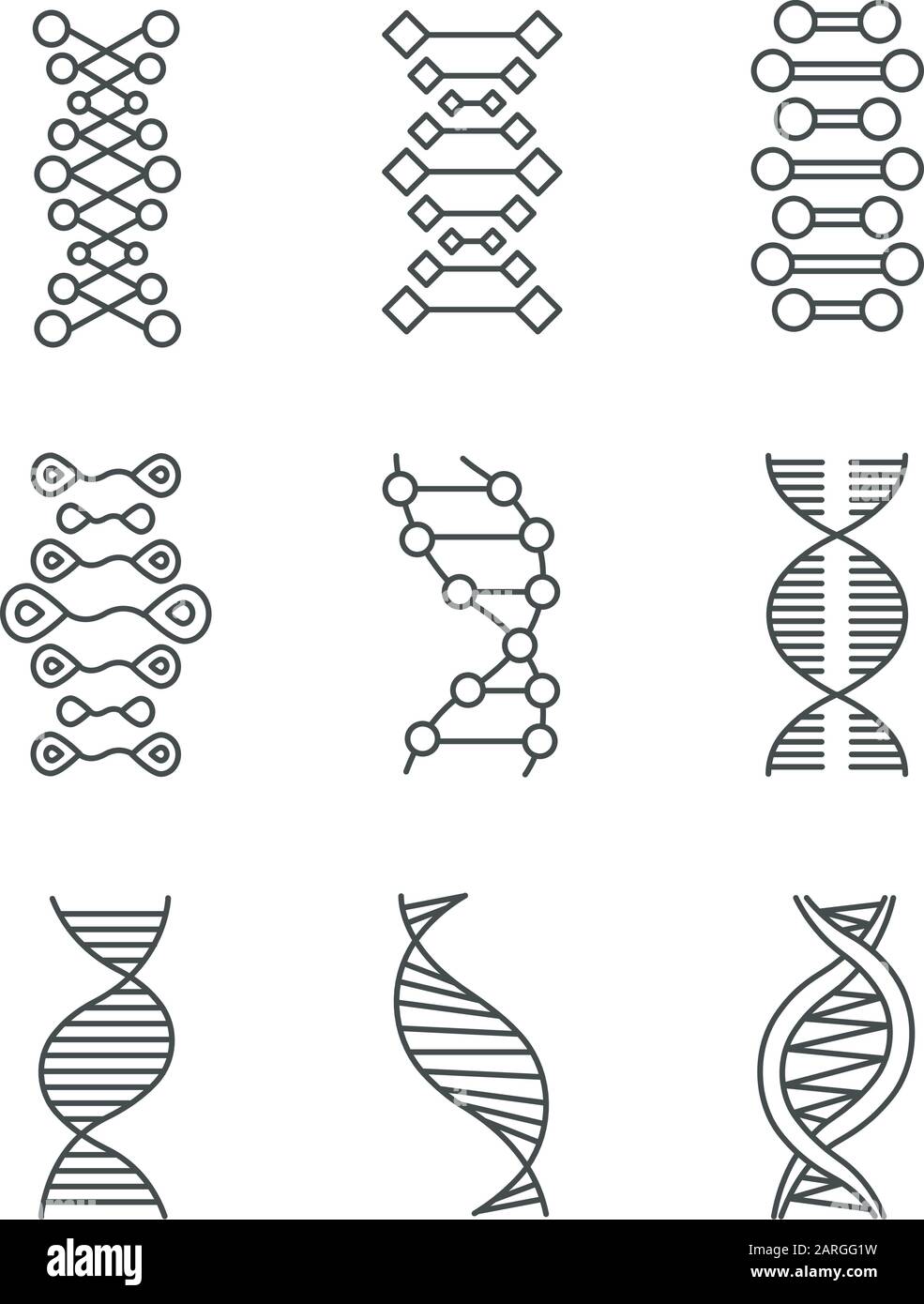 DNA double helix linear icons set. Deoxyribonucleic, nucleic acid. Molecular biology. Genetic code. Genetics. Thin line contour symbols. Isolated vect Stock Vector