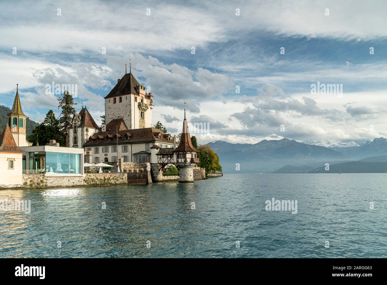 Oberhofen Castle and Lake Thun, Canton of Bern, Switzerland, Europe Stock Photo