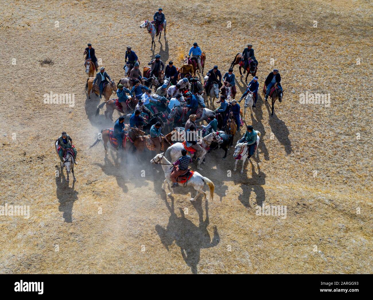 Aerial of a Buzkashi game, Yaklawang, Afghanistan, Asia Stock Photo