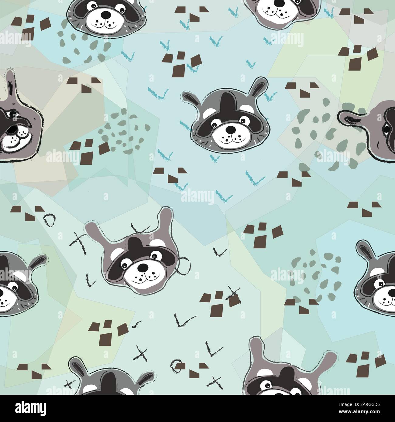 Seamless Pattern with cute hand drawn Raccoons (heads). Scandinavian ...