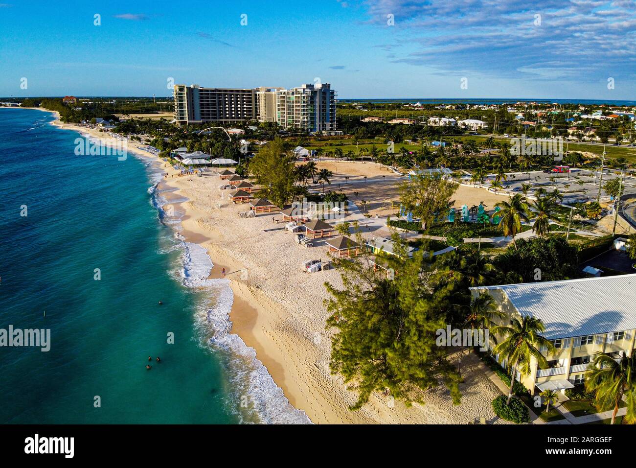 Aerial of the Seven Mile Beach, Grand Cayman, Cayman Islands, Caribbean, Central America Stock Photo