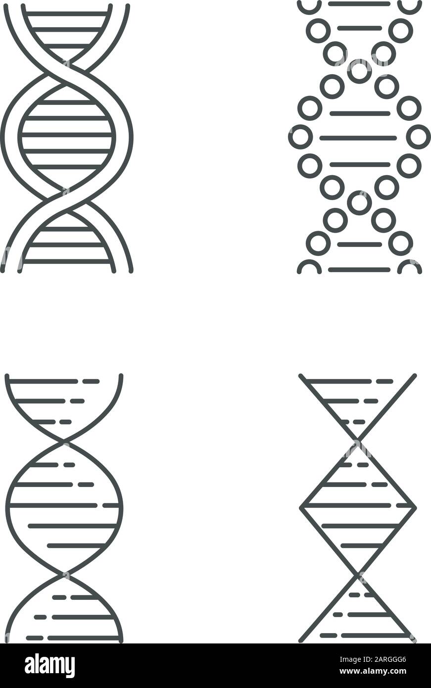 DNA spiral strands linear icons set. Deoxyribonucleic, nucleic acid helix. Molecular biology. Genetic code. Genetics. Thin line contour symbols. Isola Stock Vector