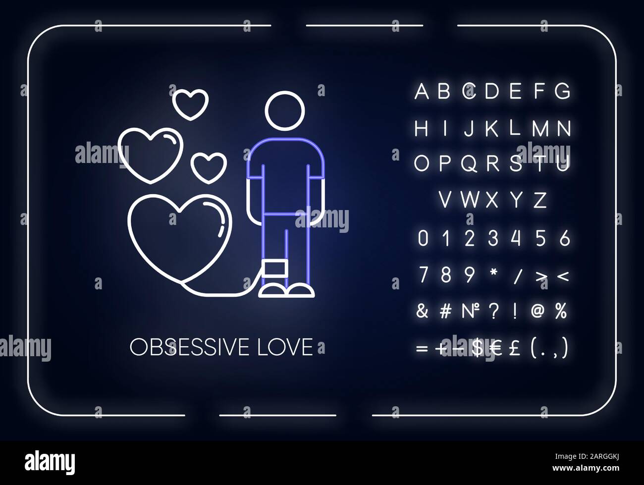 Obsessive love neon light icon. Possessive relationship. Attachment to lover. Compulsive affection. Mental disorder. Glowing sign with alphabet, numbe Stock Vector