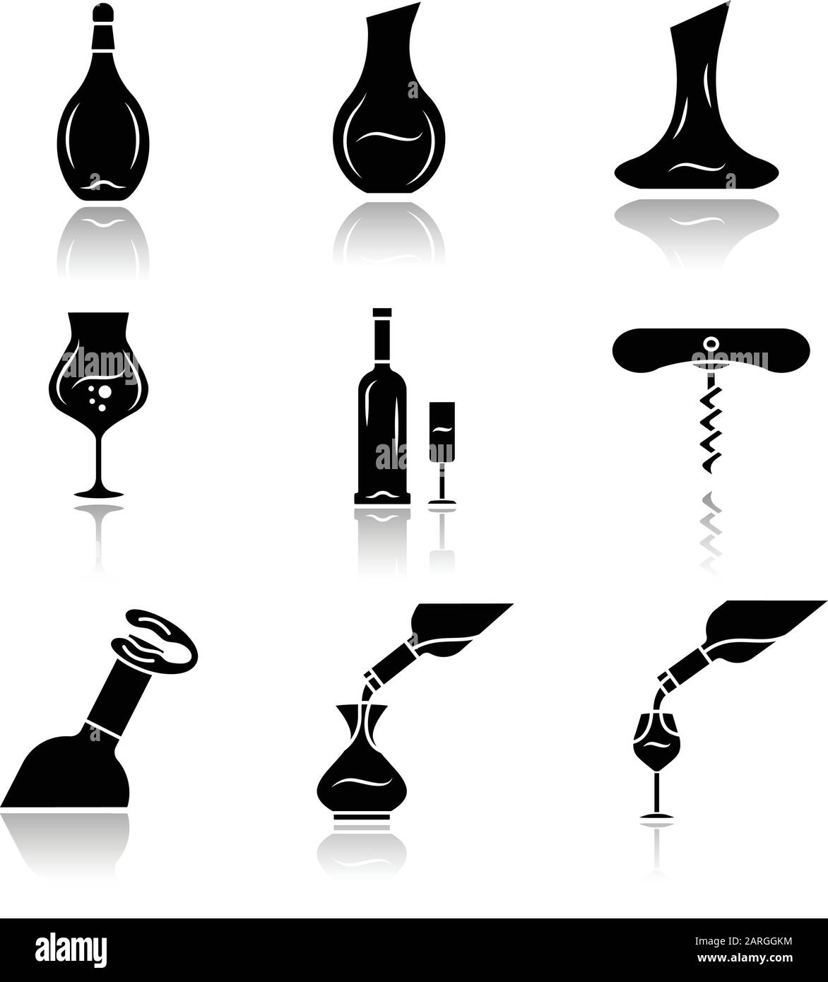 Alcohol drinks tableware drop shadow black glyph icons set. Wine glasses, decanters, bottles. Foil cutter, corkscrew. Glassware, cocktail, beverage se Stock Vector