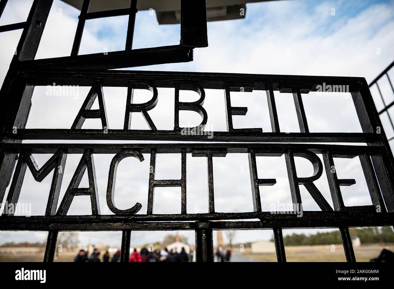 Oranienburg, Germany. 28th Jan, 2020. The lettering "Arbeit mach frei ...