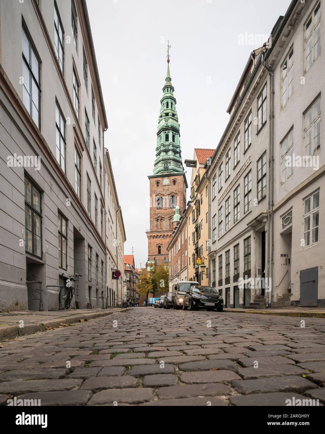 Cobbled Street, Central Copenhagen, Denmark, Scandinavia, Europe Stock Photo
