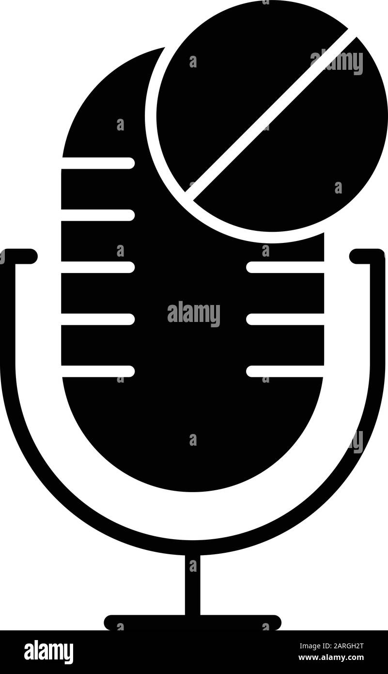 Microphone not available glyph icon. Sound recorder technical mistake. Voice speaker installation error. Recording equipment. Silhouette symbol. Negat Stock Vector