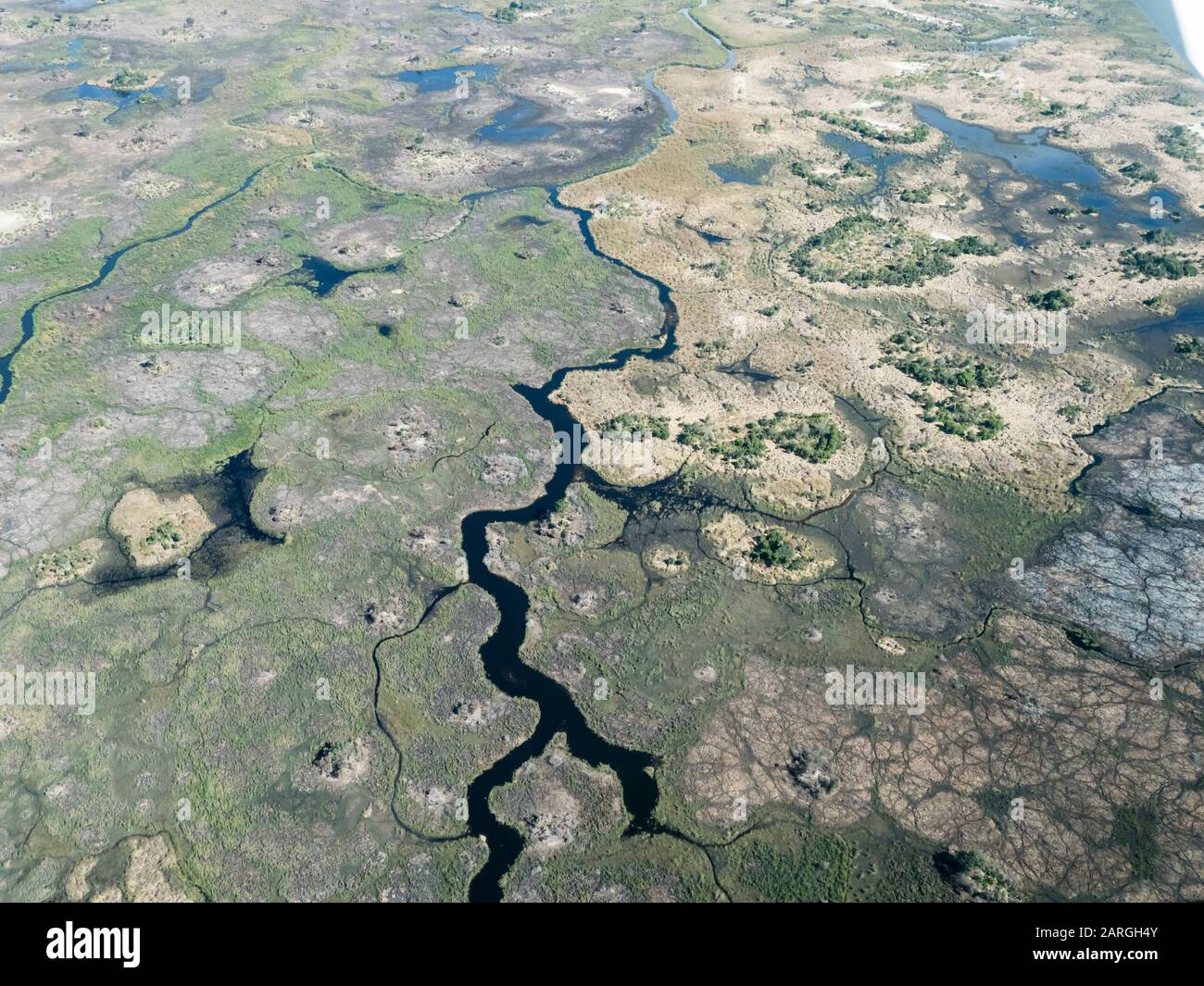 Aerial view of the Okavango Delta during drought conditions in early fall, Botswana, Africa Stock Photo