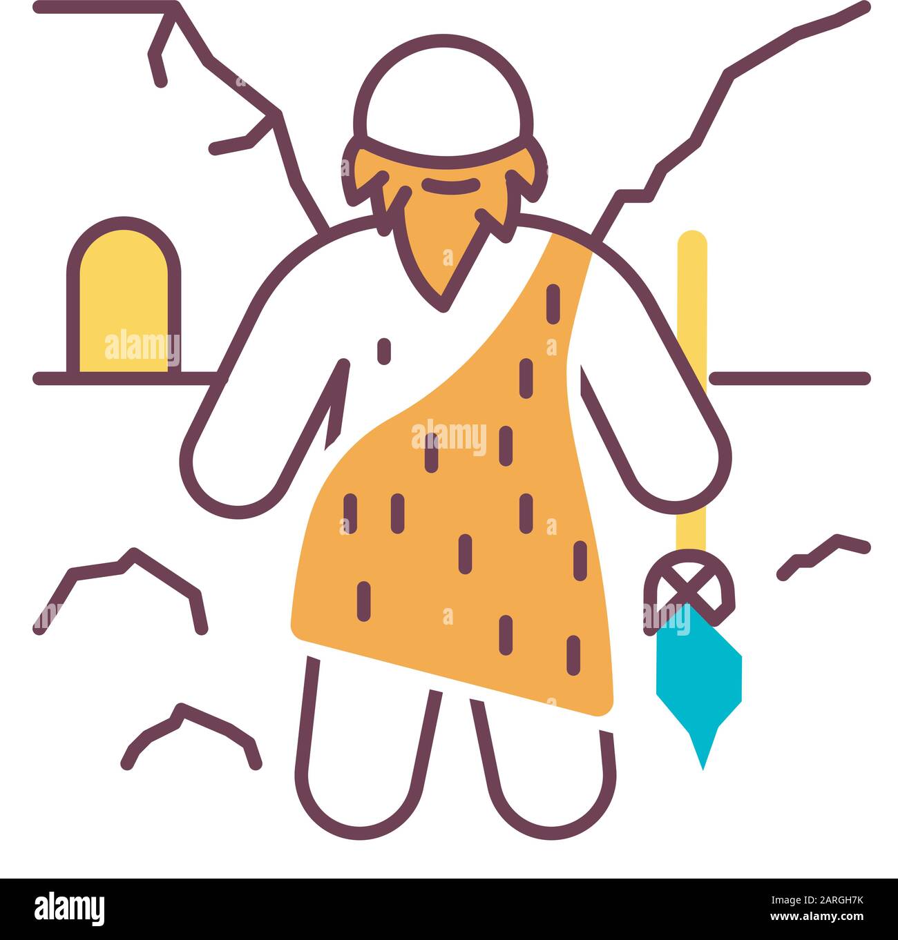 Caveman color icon. Prehistoric man with beard. Primeval hunter with spear. Neanderthal in old age. Ancestor standing with weapon. Ancient history. Ma Stock Vector