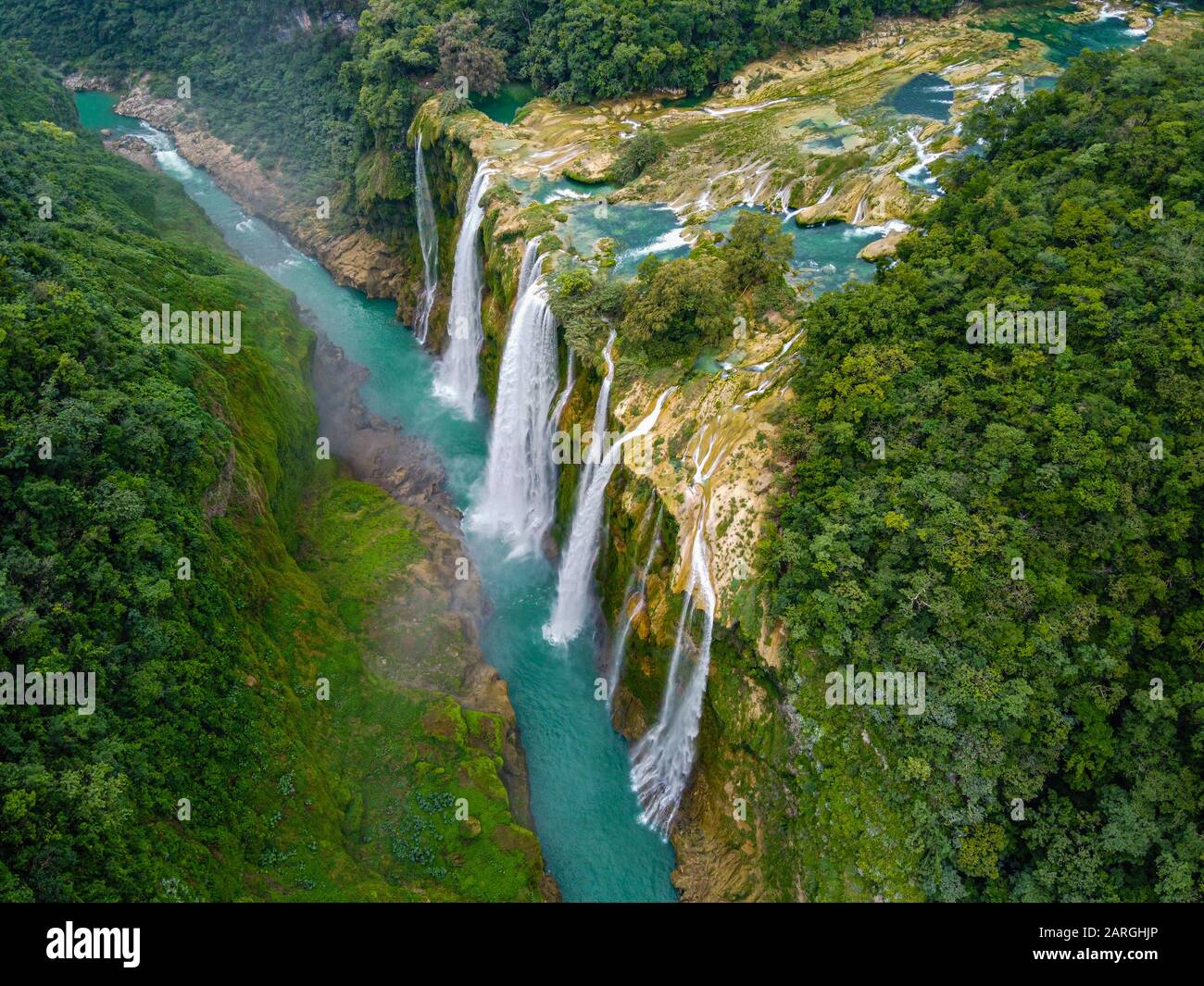 Aerial of the Tamul waterfalls, Huasteca Potosi, San Luis Potosi, Mexico, North America Stock Photo