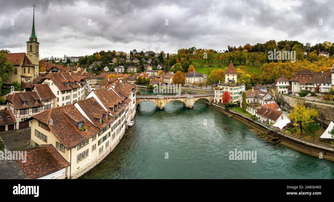 Panoramic of Aare River and Untertorbrucke bridge in the Old Town (Altstadt), Bern, Canton Bern, Switzerland, Europe Stock Photo