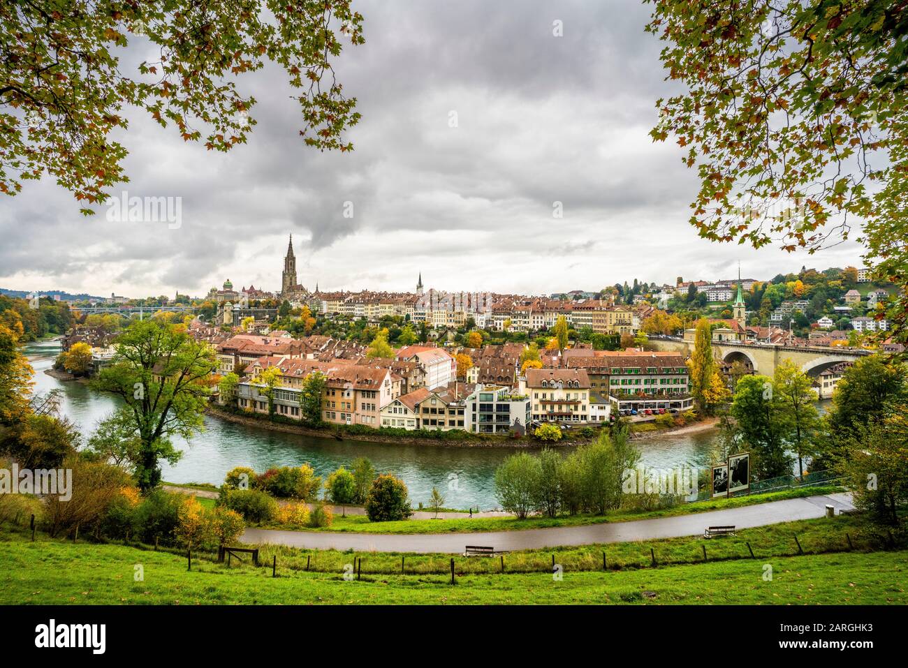 Aare River with Munster Cathedral and city centre in background, Bern, Canton Bern, Switzerland, Europe Stock Photo