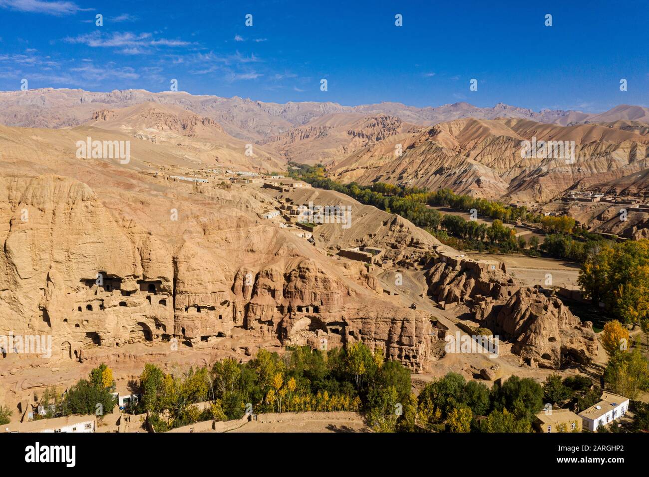 Aerial by drone of the site of the great Buddhas in Bamyan (Bamiyan), taken in 2019, post destruction, Afghanistan, Asia Stock Photo