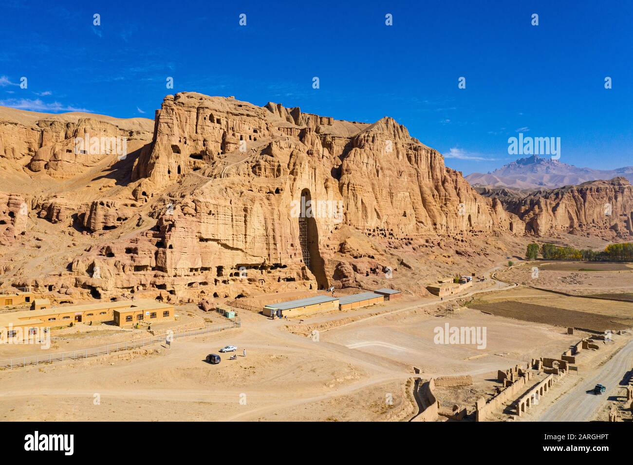 Aerial by drone of the site of the great Buddhas in Bamyan (Bamiyan), taken in 2019, post destruction, Afghanistan, Asia Stock Photo