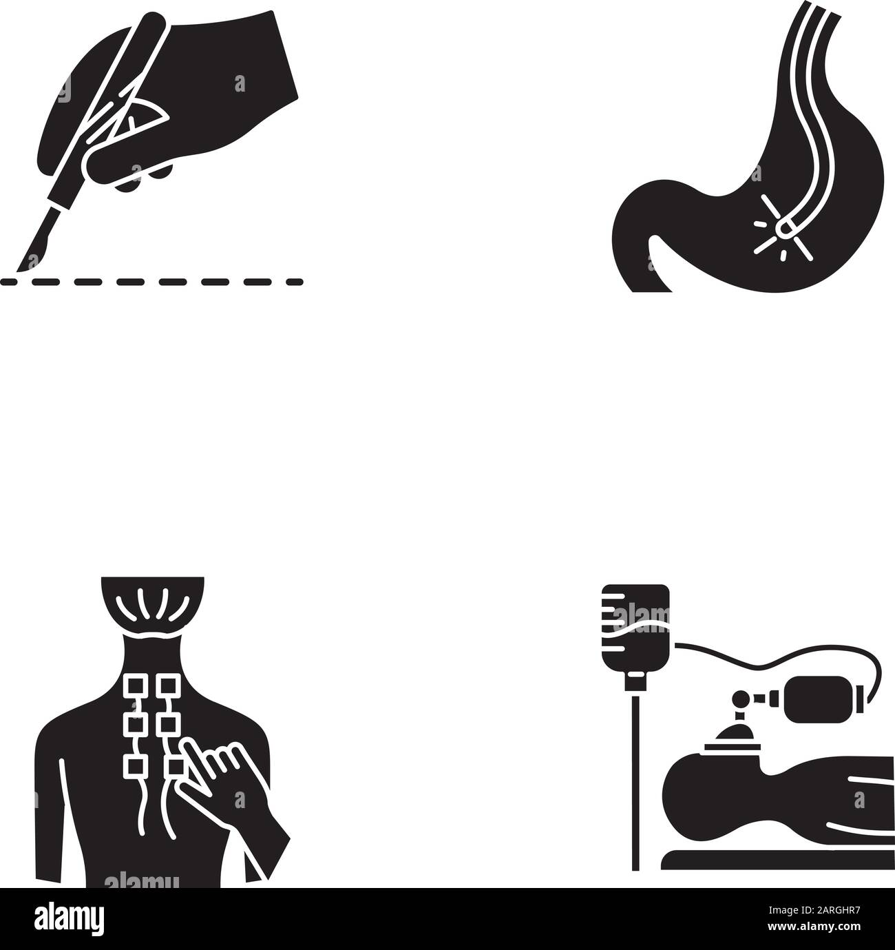 Medical procedure glyph icons set. Surgery. Endoscopy and gastroscopy