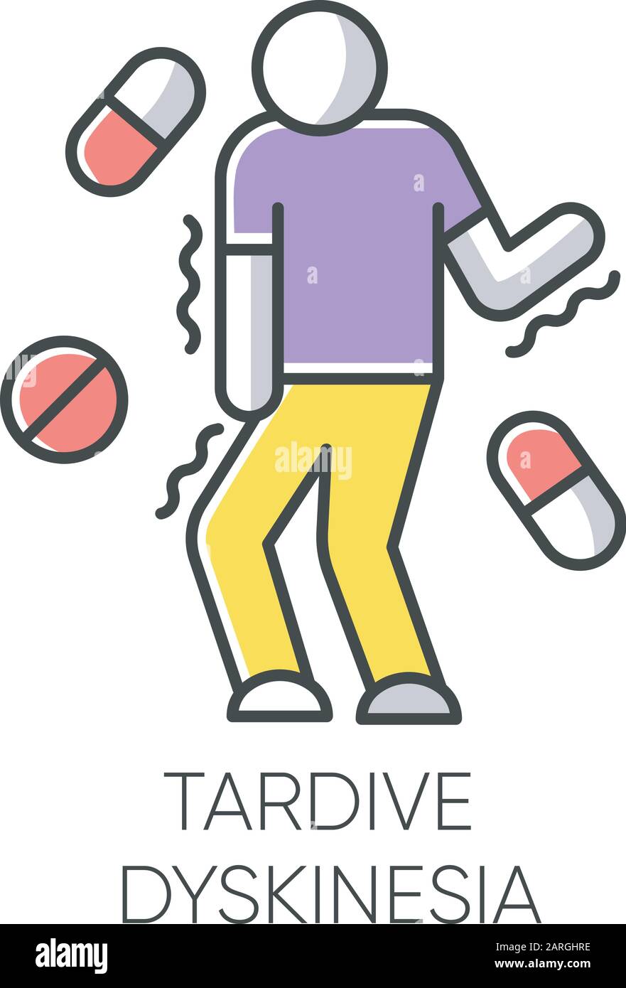 Tardive dyskinesia color icon. Tremor from medication. Movement problem from neuroleptics. Chorea, athetosis. Mental disorder. Neurological disease fr Stock Vector
