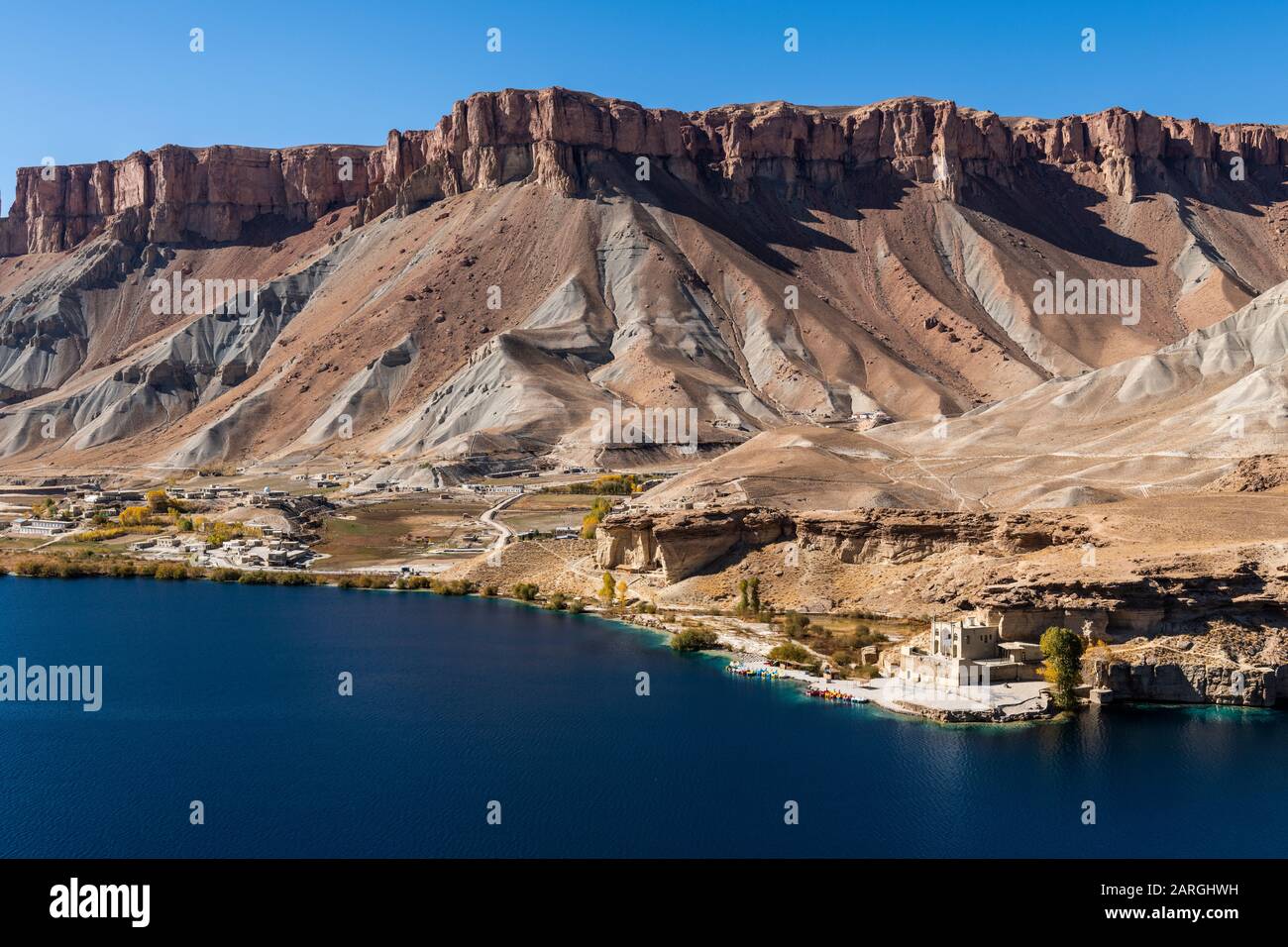 View over the deep blue lakes of the Band-E-Amir National Park, Afghanistan, Asia Stock Photo