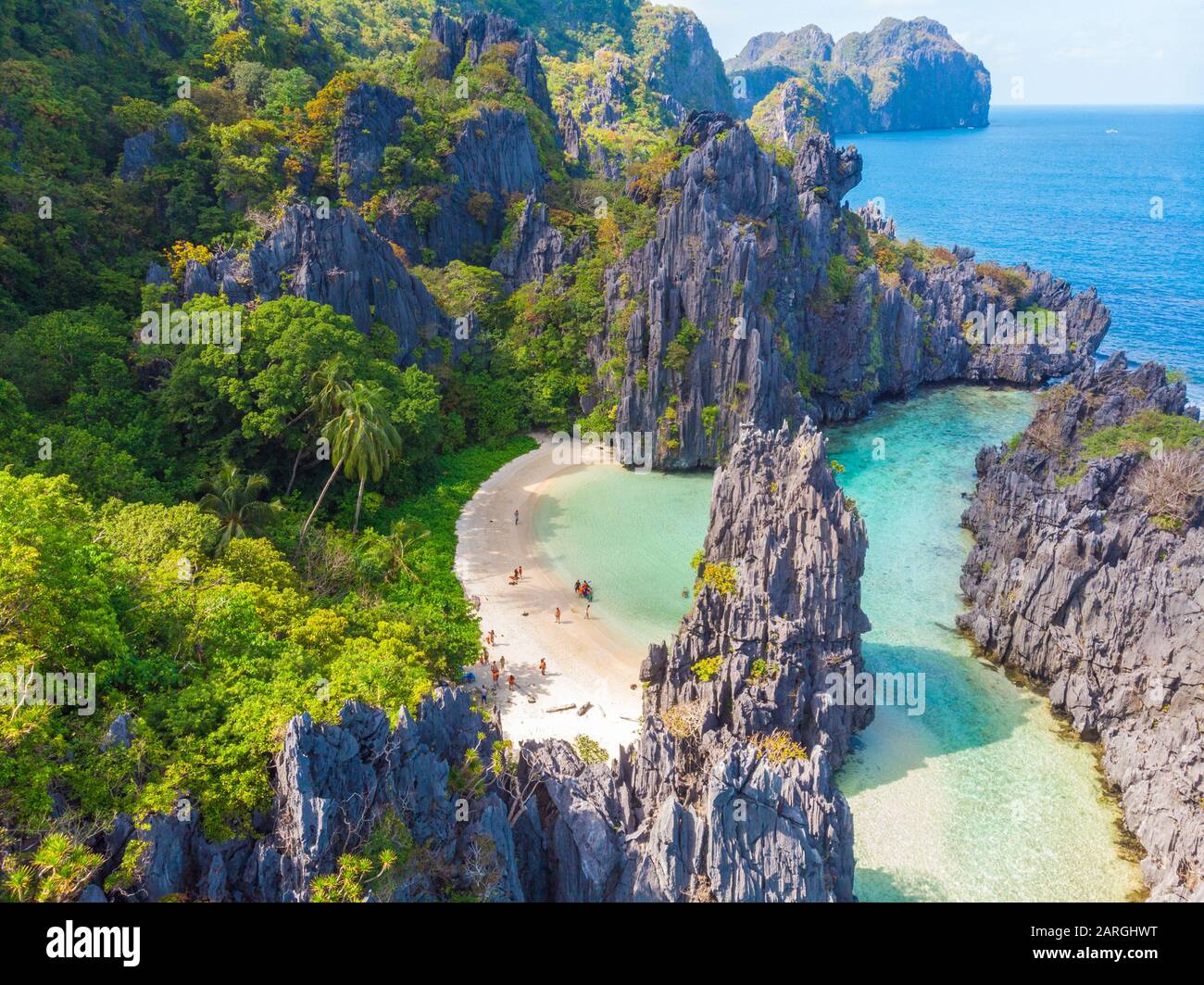 Aerial view of Hidden beach in Matinloc Island, El Nido, Palawan