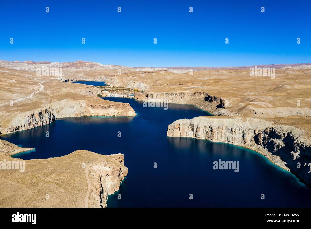 Aerial of the deep blue lakes of the Band-E-Amir National Park, Afghanistan, Asia Stock Photo