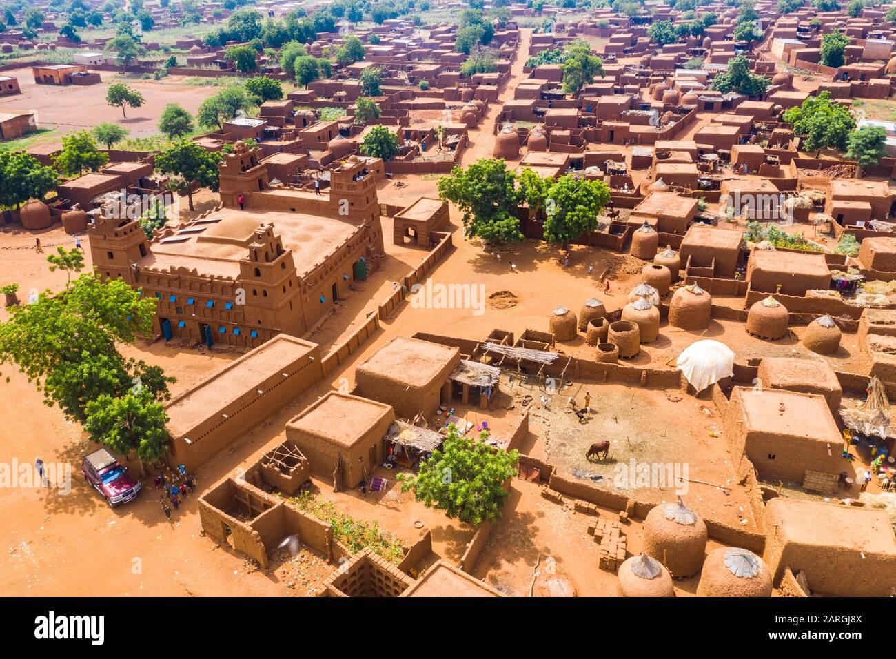 Aerial by drone of the central Mosque in the Hausa village of Yaama, Niger, West Africa, Africa Stock Photo