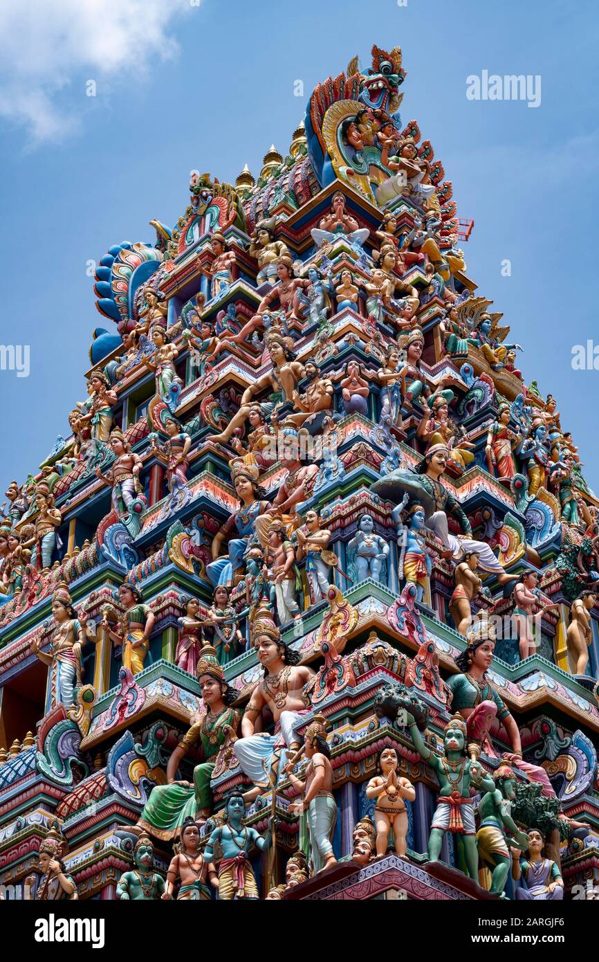 The highly decorative Gopuram (entrance tower) to Sri Srinivasa Perumal Hindu Temple in Little India, Singapore, Southeast Asia, Asia Stock Photo