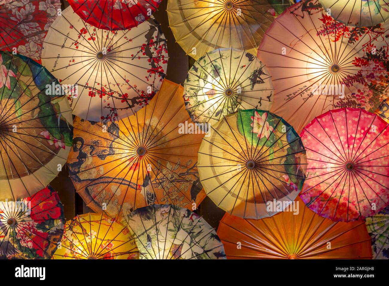 Umbrellas in Kuanxiangzi Alley, Chengdu, Sichuan Province, People's Republic of China, Asia Stock Photo