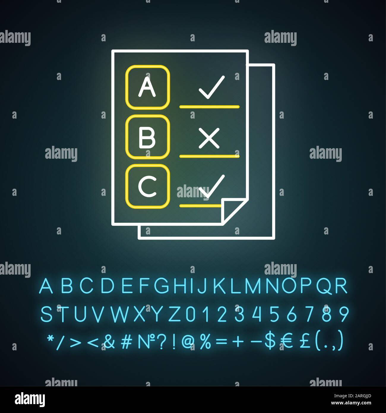 Written survey neon light icon. Exam. Questionnaire page. Choose multiple options. Correct, wrong answers. Data report. Glowing sign with alphabet, nu Stock Vector
