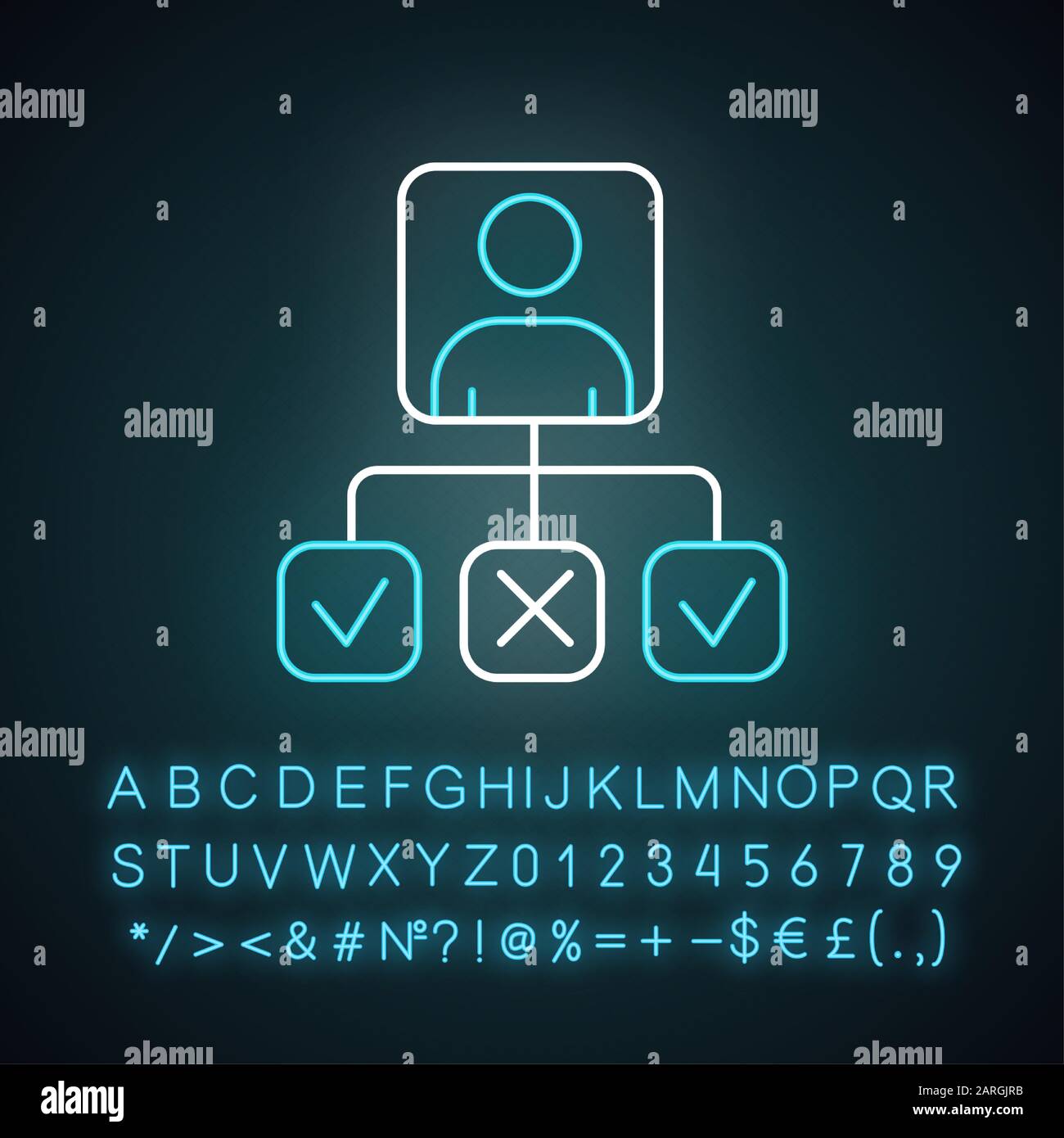 Personal profile neon light icon. Survey results. Data collection. Answer review. Questionnaire report. Correct and wrong. Glowing sign with alphabet, Stock Vector