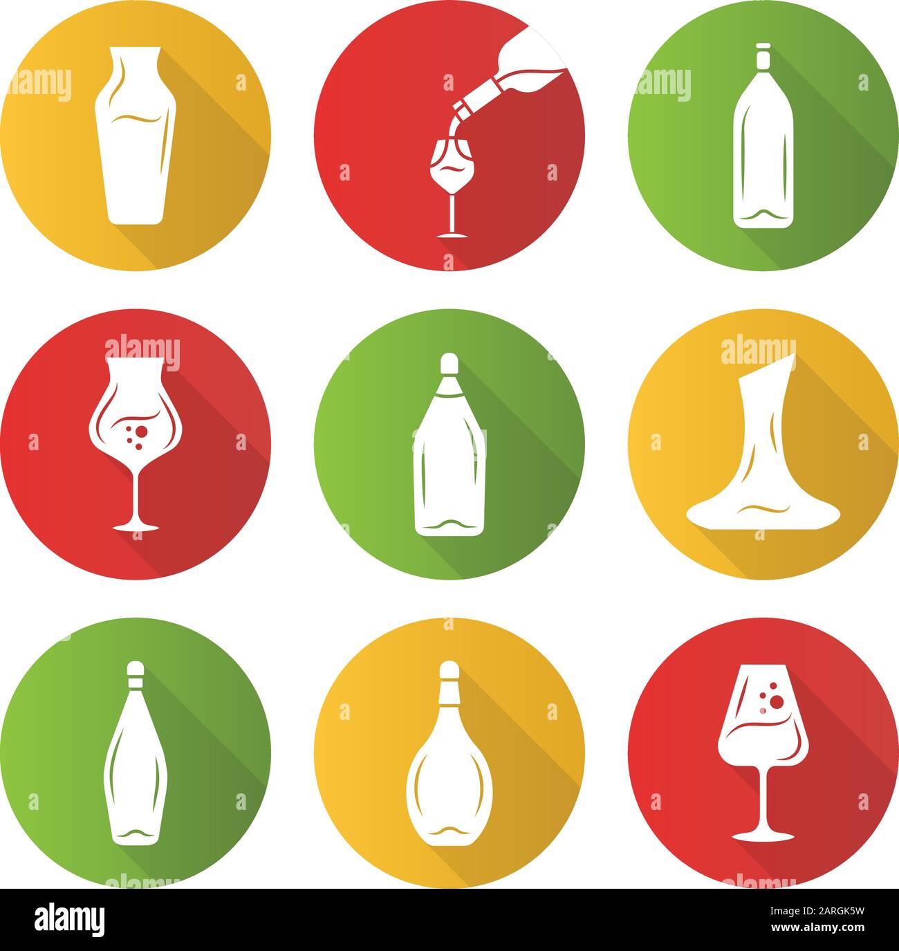 Wine glassware flat design long shadow glyph icons set. Wineglasses, decanters, bottles. Restaurant, pub, winery. Bar tableware. Alcohol beverage, ape Stock Vector
