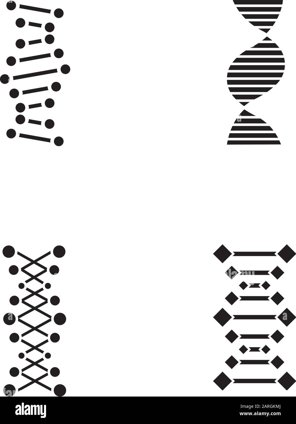 DNA chains glyph icons set. Deoxyribonucleic, nucleic acid helix. Spiraling strands. Chromosome. Molecular biology. Genetic code. Genome. Genetics. Si Stock Vector