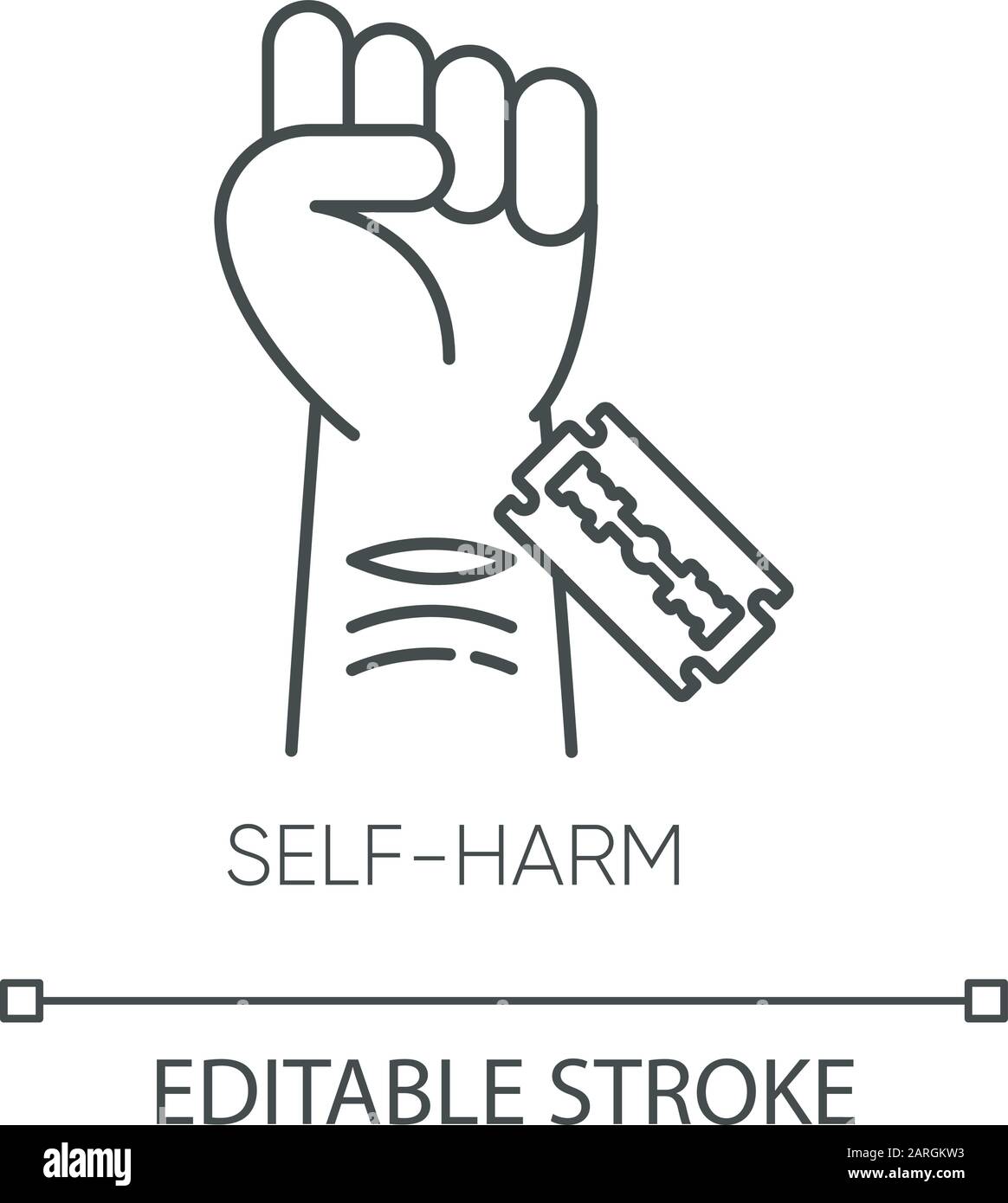 Self-harm linear icon. Cut hand with razor blade. Mental disorder. Hurt vein. Self-inflicted violence. Thin line illustration. Contour symbol. Vector Stock Vector