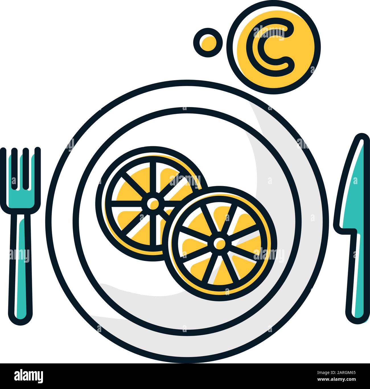 Vitamin C color icon. Sliced lemon on plate. Cut fruit. Eat citrus. Common cold precaution. Flu virus prevention. Grippe cure. Influenza infection aid Stock Vector