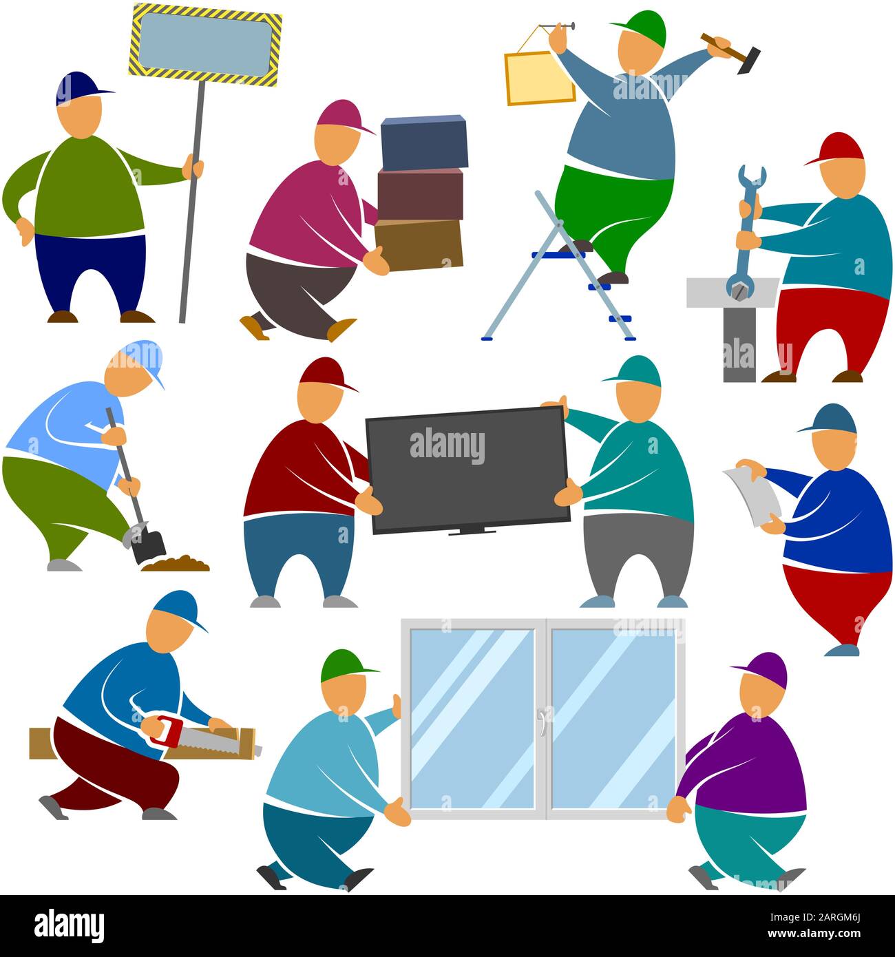 Set of brawny Porters and Workers at work; Workers carry boxes, appliances, window, sawing, digging, nailing, tightening the screws; Eps8 Stock Vector