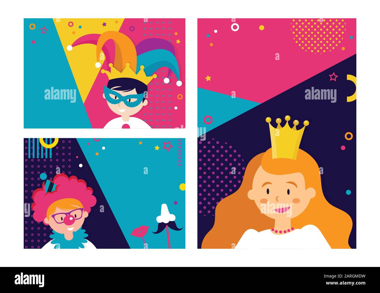 invitation card set for costume party. Kids wearing different costumes. Template card for Purim, Carnival or birthday party. Stock Vector