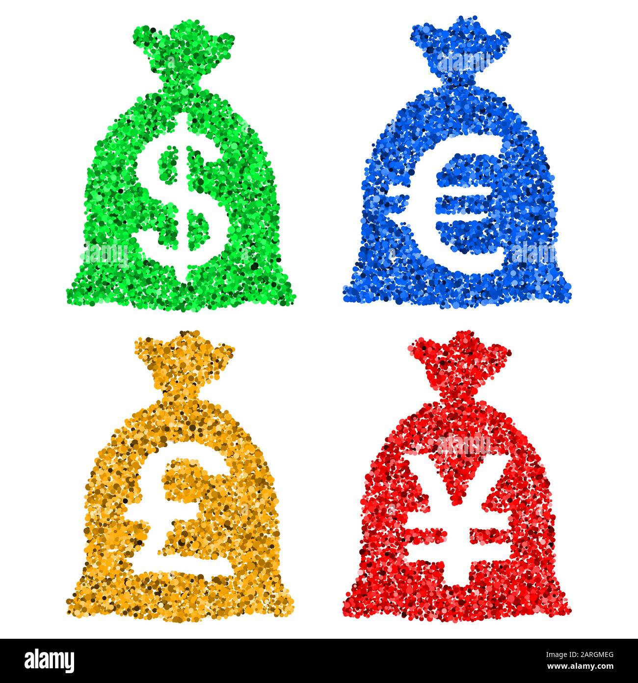 Financial currency bags USD, EUR, GBP, JPY from circles (confetti); EPS8 Stock Vector