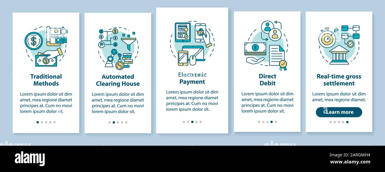 Payment systems onboarding mobile app page screen with linear concepts. Direct debit. Electronic payment. Five walkthrough steps graphic instructions. Stock Vector