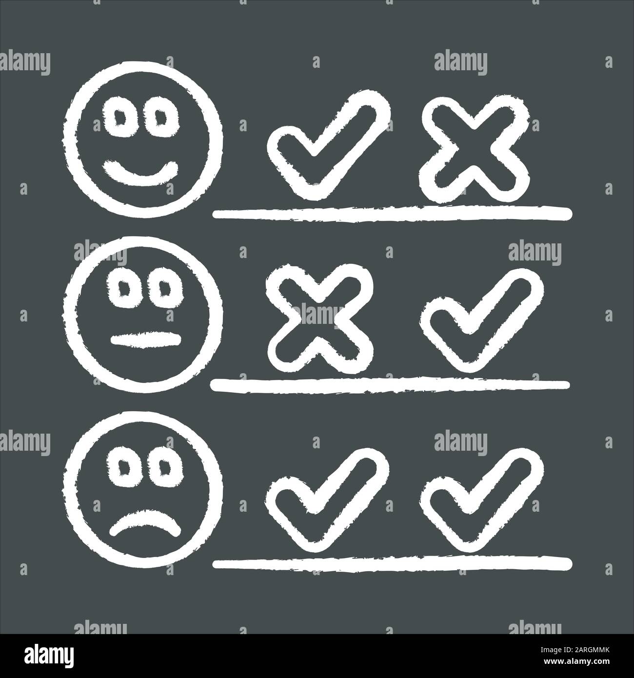 Checklist chalk icon. Choosing option. Good, bad experience. Voting. Check list. Agree, disagree. Satisfaction level. Positive, negative. Multiple opi Stock Vector