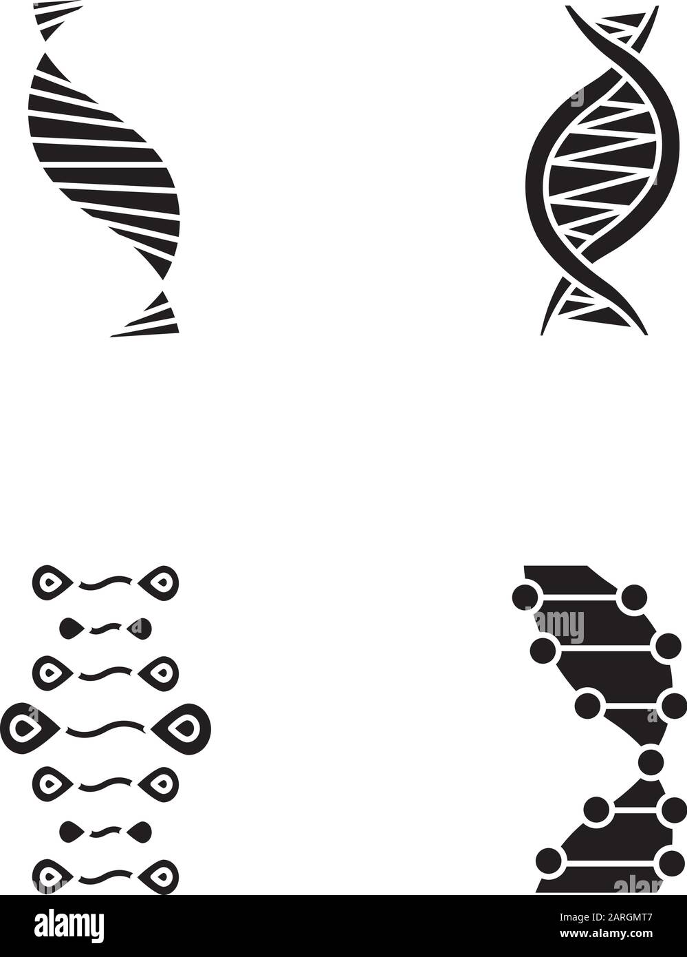 DNA strands glyph icons set. Deoxyribonucleic, nucleic acid helix. Spiraling strands. Chromosome. Molecular biology. Genetic code. Genome. Genetics. S Stock Vector