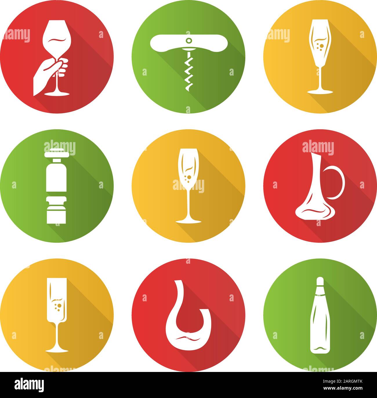 Sommelier tools flat design long shadow glyph icons set. Barman equipment. Corkscrew, wine preserver, decanters. Winery, pub, restaurant bar glassware Stock Vector
