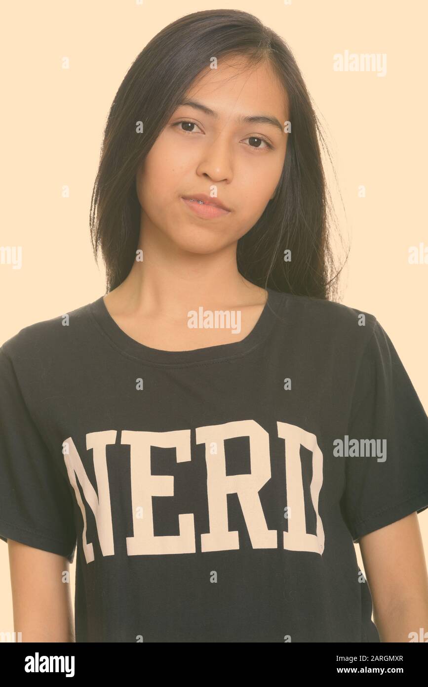Close up of young Asian teenage nerd girl Stock Photo
