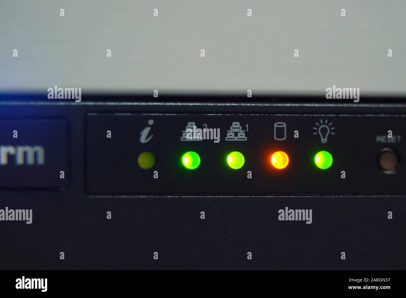 A working server. wires and flashing lights on the server