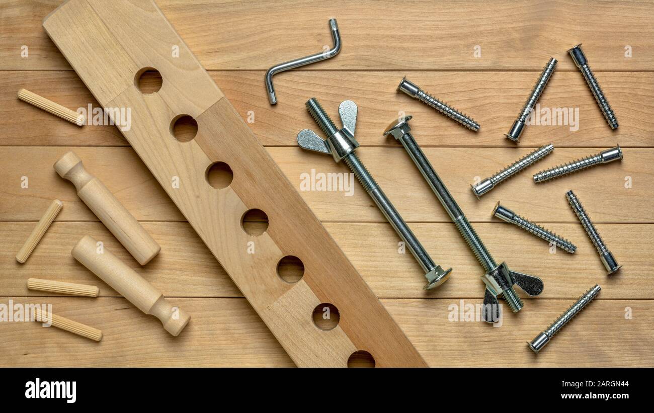 top view background of wood elements and metal hardware for home