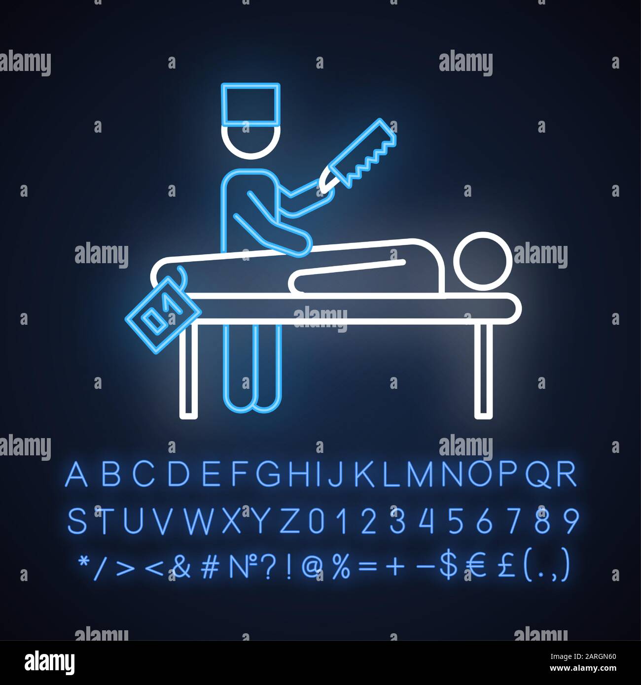 Autopsy neon light icon. Disambiguation. Deceased patient. Corpse with tag. Medical forensic procedure. Pathologist. Glowing sign with alphabet, numbe Stock Vector