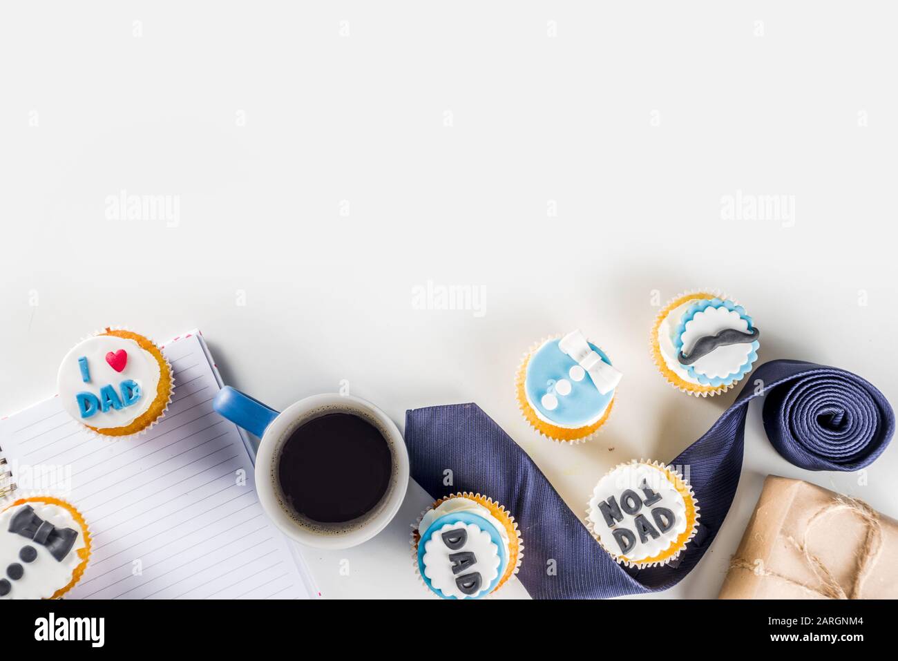 Happy Father S Day Greeting Card Greetings And Presents For Dad S Day Gift Box Coffee Tea Cup Tie Homemade Special Cupcakes Stock Photo Alamy